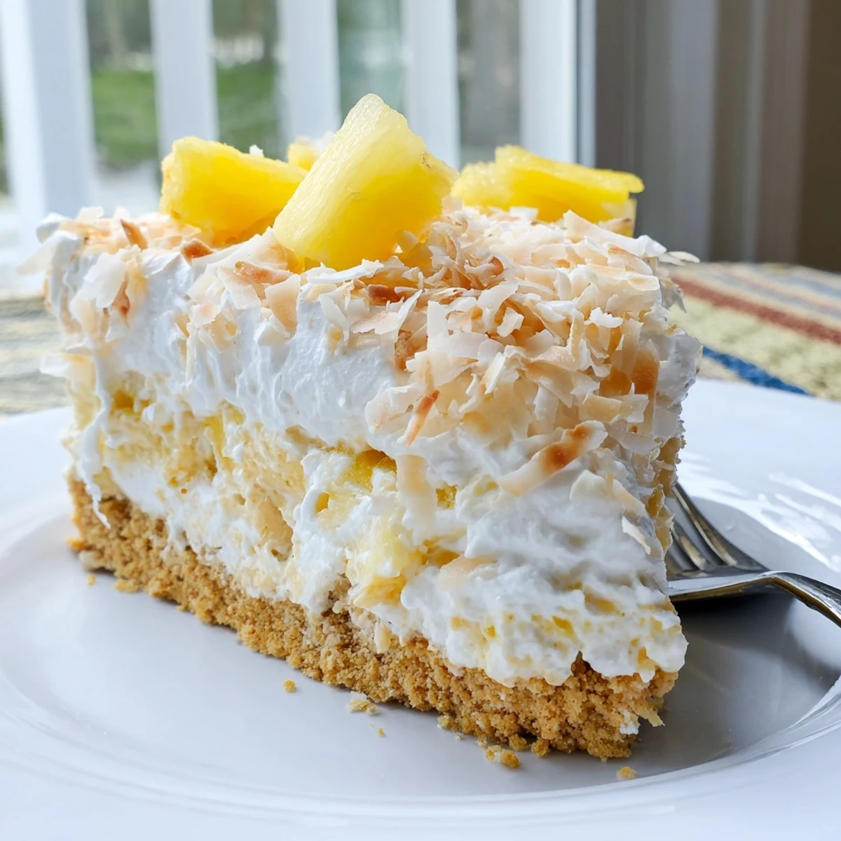 Golden toasted coconut topping on a chilled No Bake Pineapple Coconut Cream Cake slice