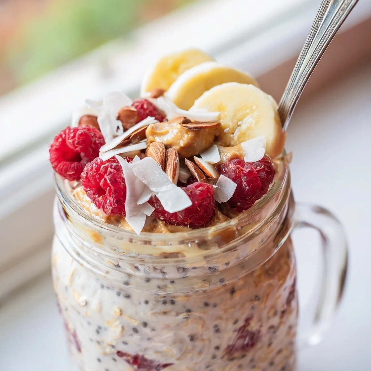 Creamy protein overnight oats topped with fresh berries in a glass jar