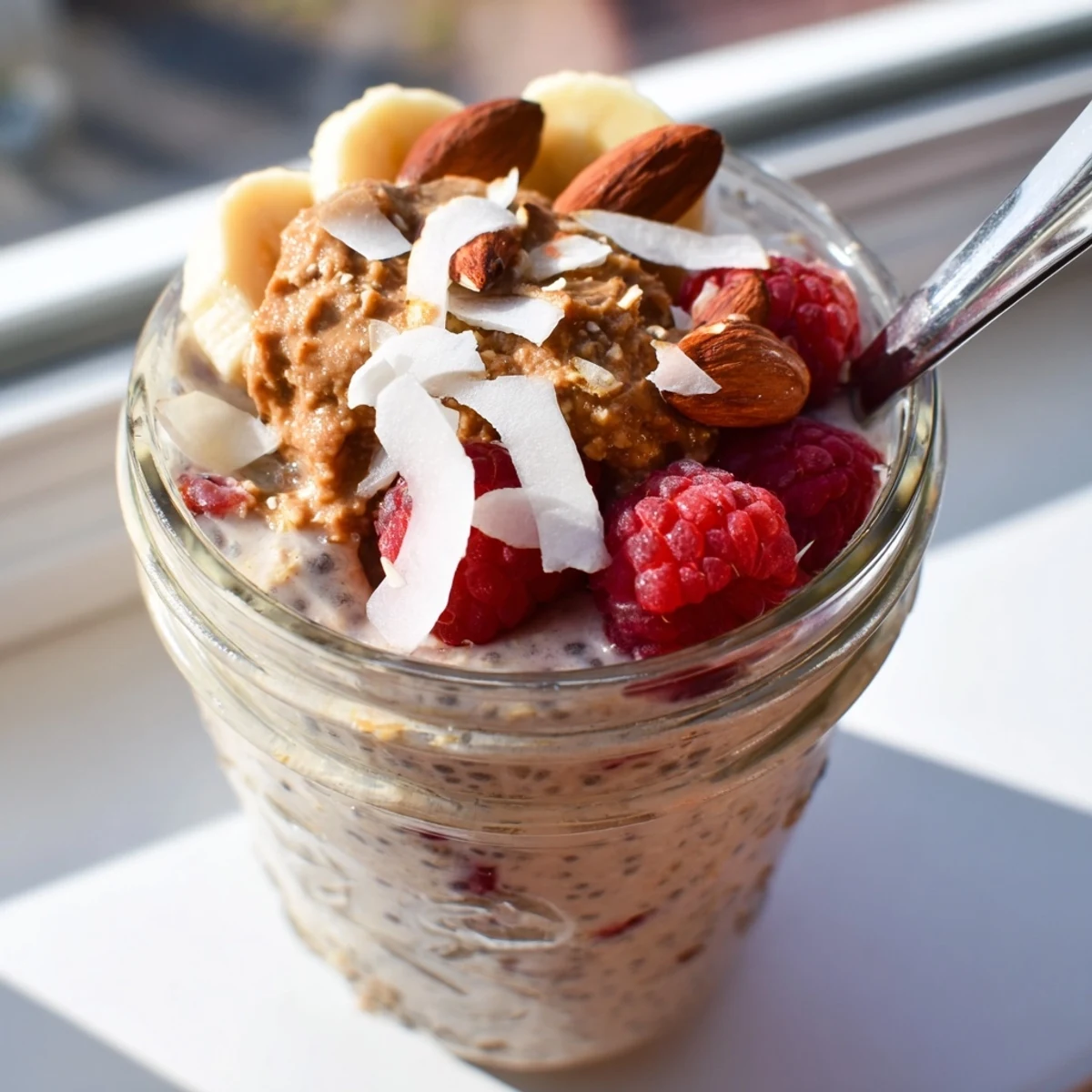 Spoon dipping into rich protein overnight oats garnished with chopped nuts