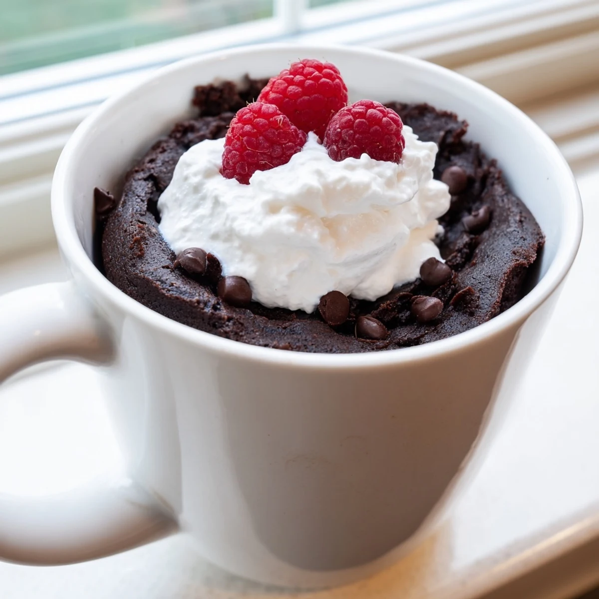 Warm gluten free chocolate mug cake topped with fluffy whipped cream in a ceramic mug