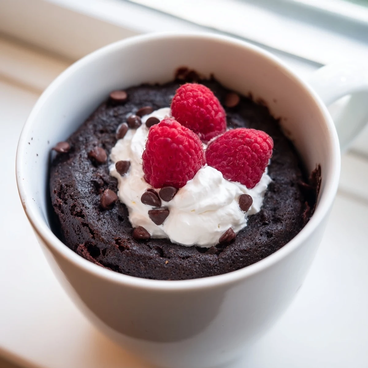 Gooey gluten free chocolate mug cake studded with melting chocolate chips served with fresh berries