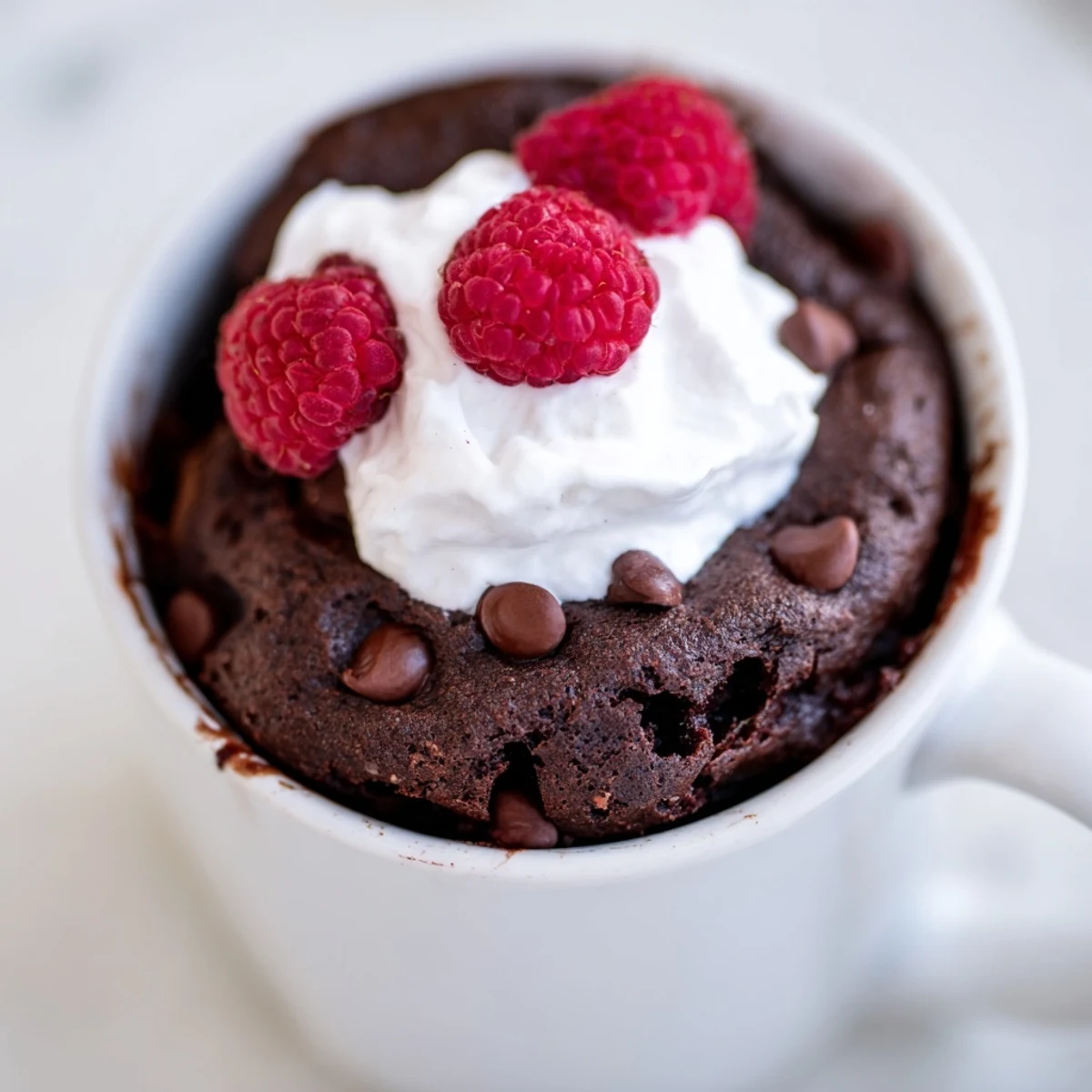 Rich gluten free chocolate mug cake fresh from the microwave dusted with cocoa powder