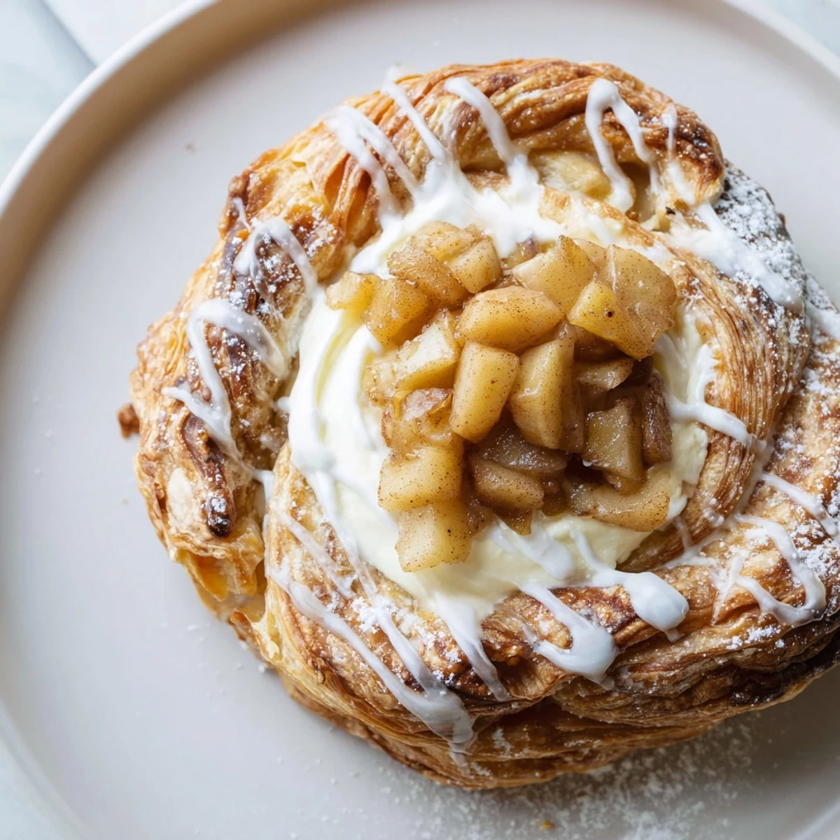 Golden apple cheese danishes with puffed flaky crust and sweet creamy drizzle