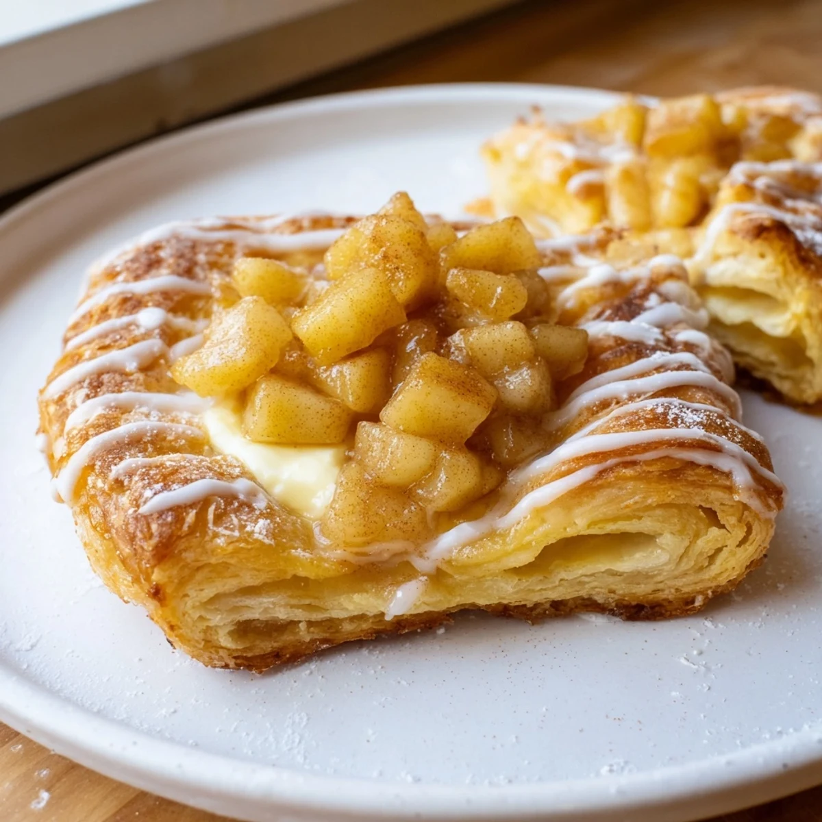 Flaky apple cheese danishes arranged on parchment dusted with sweet powdered sugar
