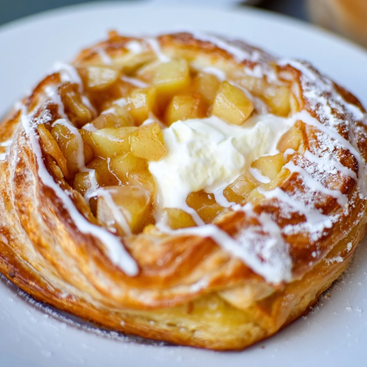 Warm apple cheese danishes fresh from oven topped with spiced fruit filling