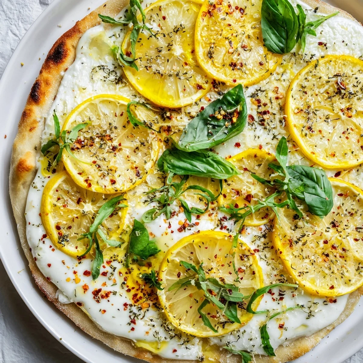 Thin lemon slices and creamy ricotta cover this crispy zesty summer lemon pizza