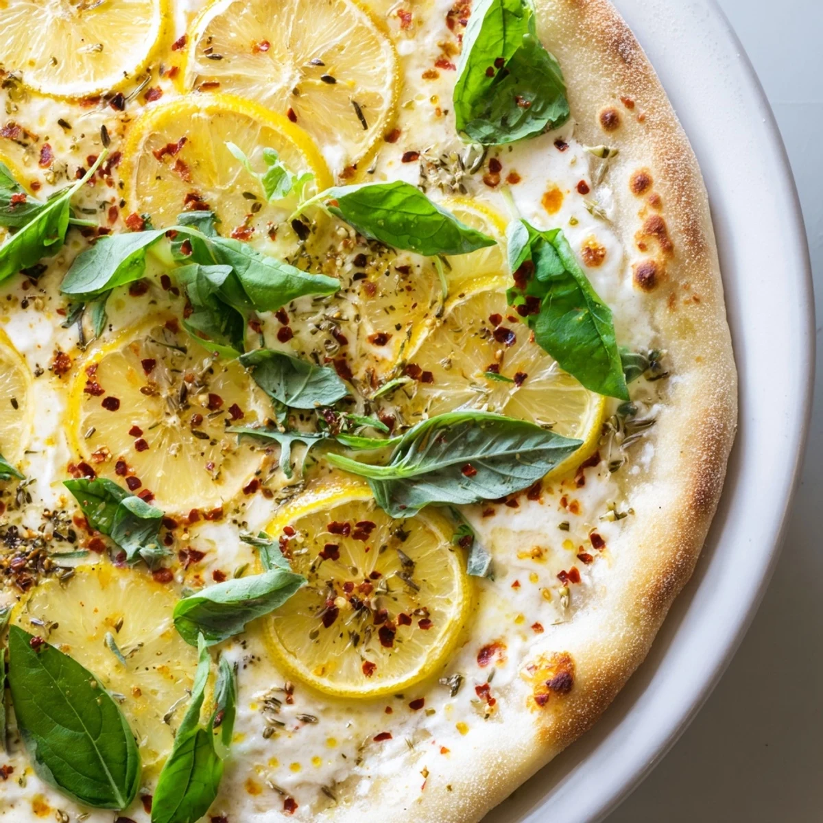 Golden zesty summer lemon pizza topped with arugula, fresh basil, and bubbling mozzarella cheese