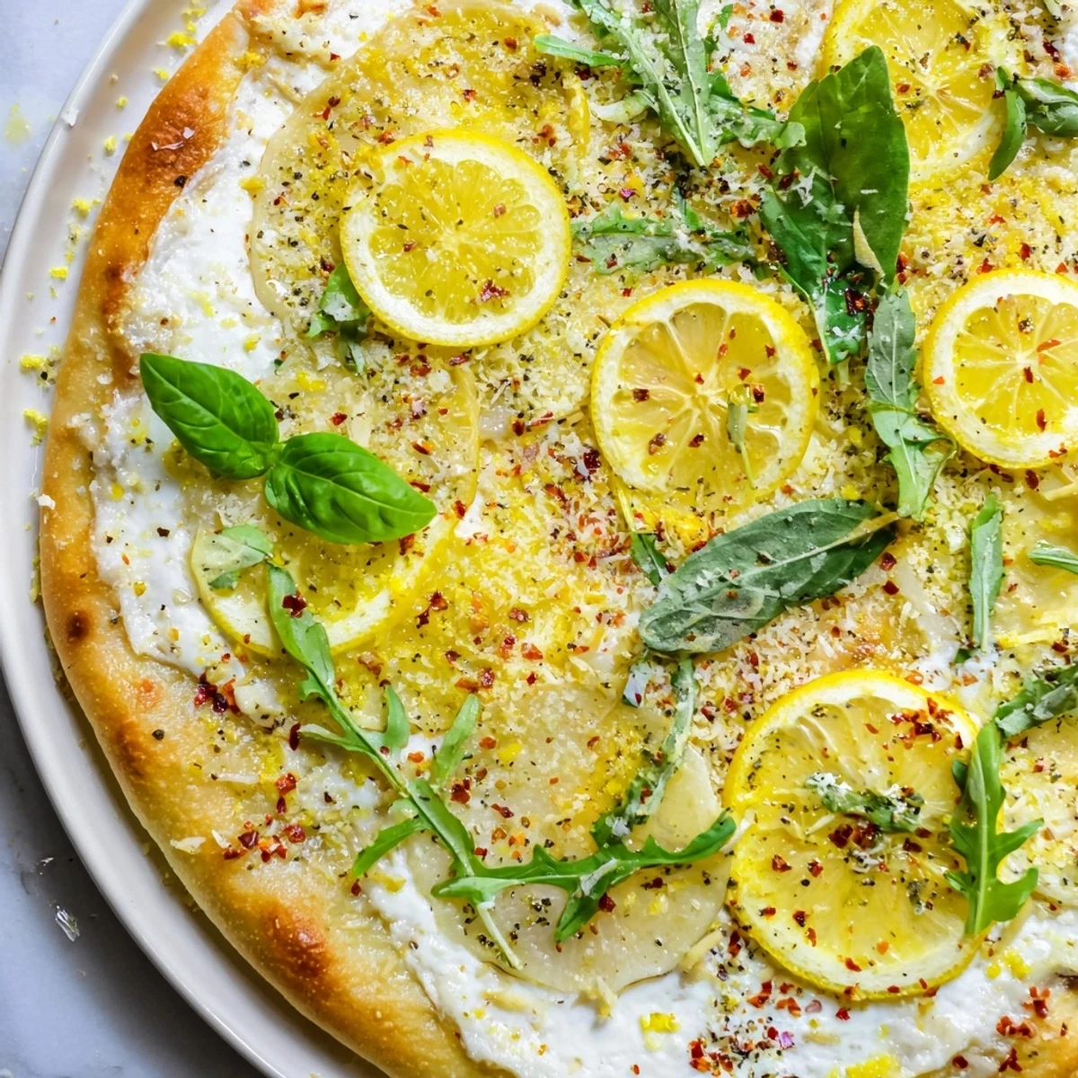 Zesty summer lemon pizza fresh from the oven with peppery arugula and melted Parmesan