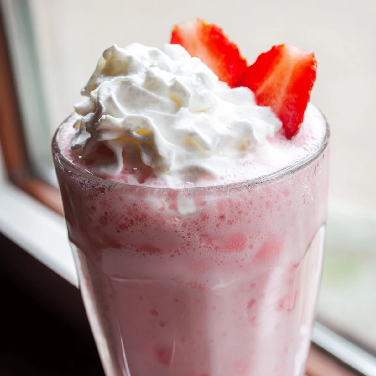 Creamy strawberry milkshake topped with whipped cream and fresh berry slices