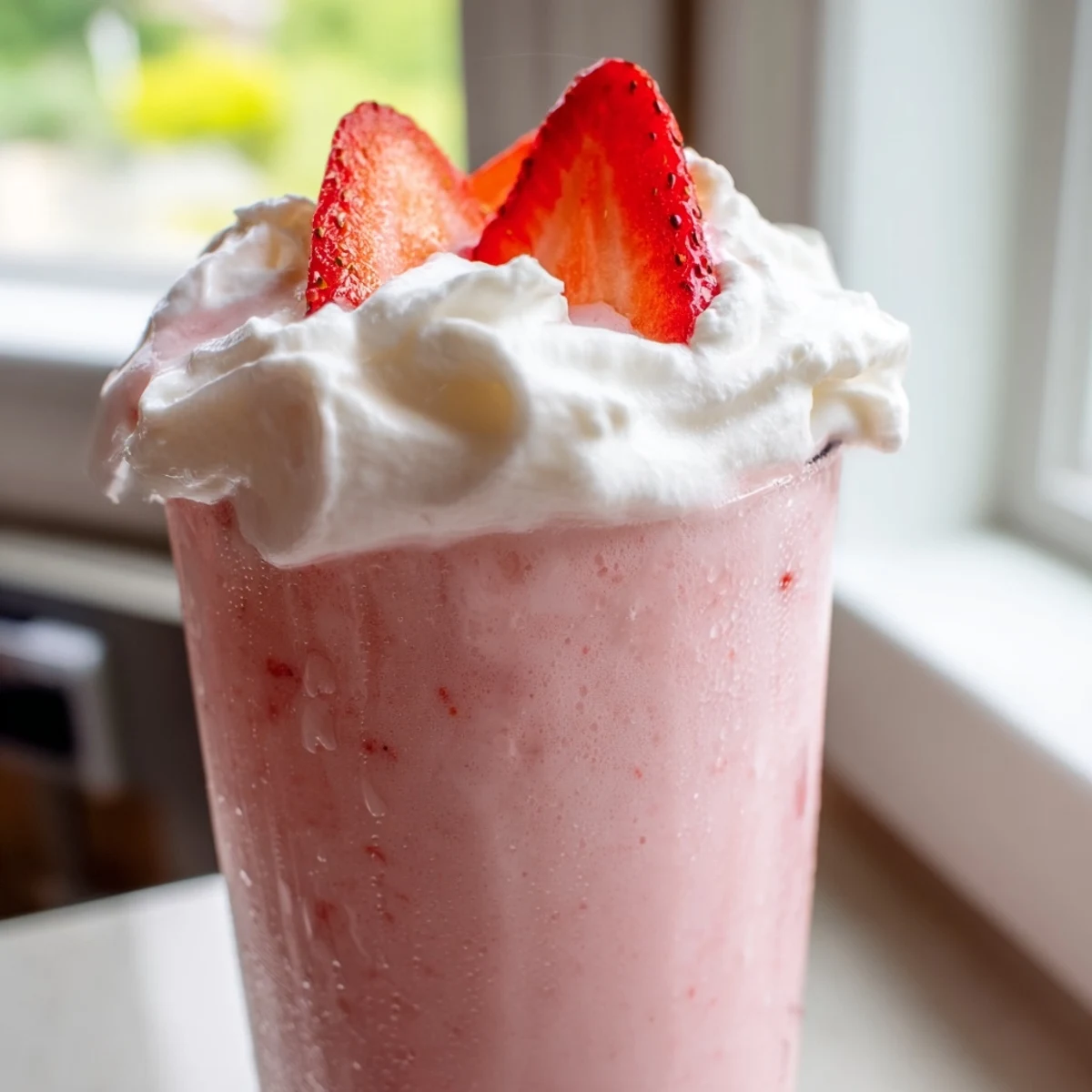 Thick pink strawberry milkshake served in a chilled glass with a straw