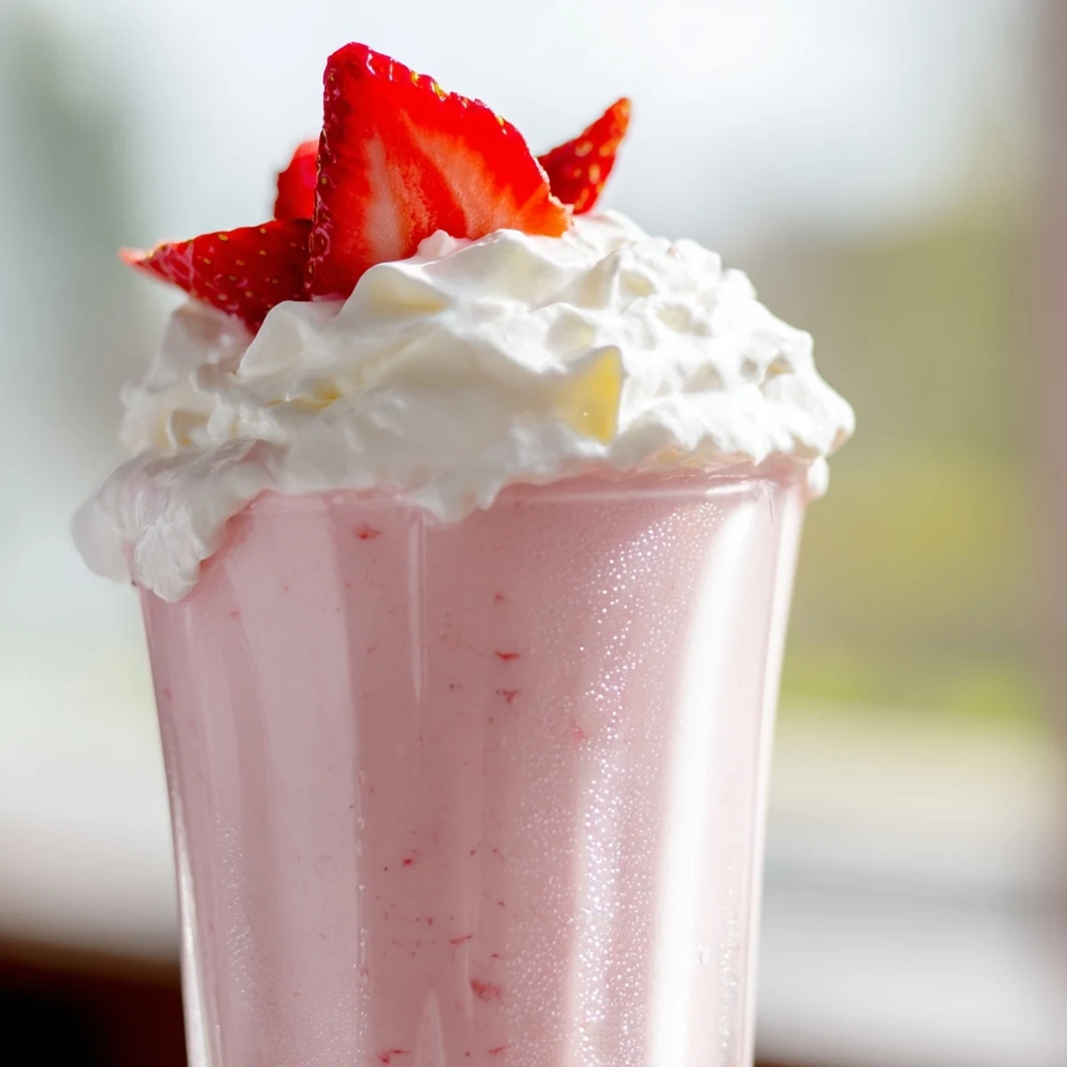 Frothy strawberry milkshake garnished with whipped cream and ripe strawberry halves
