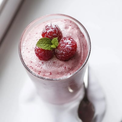 Silky pink raspberry cloud mousse spooned into dessert cups with berry garnish
