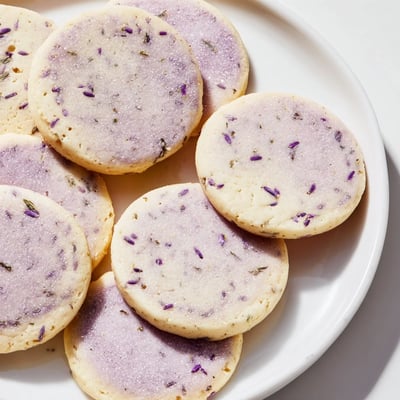 Pale purple lilac sugar cookies arranged on a parchment-lined baking sheet