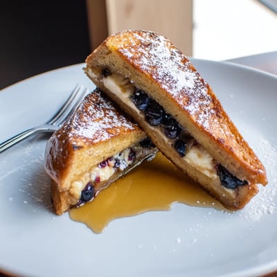 Thick slice of blueberry cheesecake stuffed French toast oozing creamy rich filling