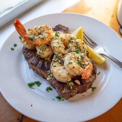 Steak and garlic butter shrimp skillet dinner glistening with rich melted herb butter