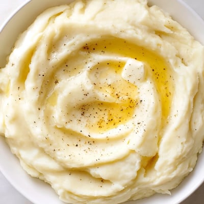 Steaming bowl of velvety mashed potatoes garnished with cracked black pepper and fresh chives