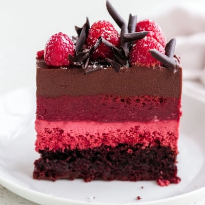 Silky slices of Heavenly Raspberry Chocolate Mousse Cake on an elegant dessert plate