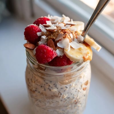 Thick protein overnight oats layered with banana slices and chia seeds