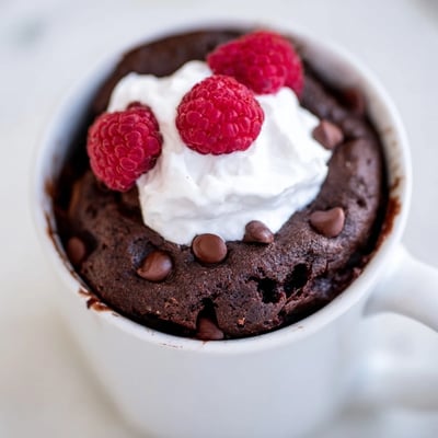Rich gluten free chocolate mug cake fresh from the microwave dusted with cocoa powder